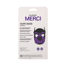Merci Puppy Hood Neoprene Violet Black packaging displaying ergonomic design and features for pet-play.