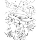 alt_tag: Hand-drawn illustration from Celebrating An Icon The Magic Wand Coloring Book featuring UFOs and whimsical clouds.