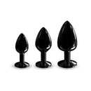 Dorcel Diamond Medium Butt Plug Black displayed among three sizes of stylish black butt plugs.