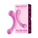Femmefunn Aluna Mini Pink Rechargeable Vibrator displayed next to its packaging, offering dual-stimulation and playful design.