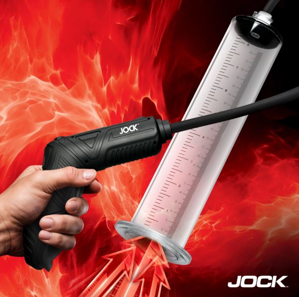 Jock Power Pumper Automatic Penis Pump with Cylinder showcasing ergonomic handle and transparent measuring tube.