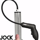 Jock Power Pumper Automatic Penis Pump with Cylinder featuring ergonomic handle and clear measuring cylinder.