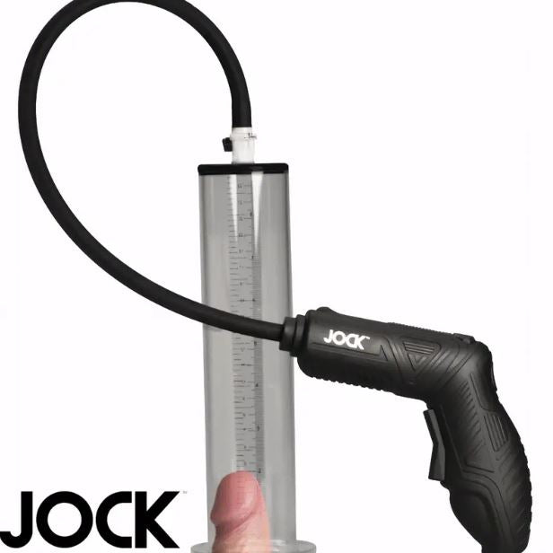 Jock Power Pumper Automatic Penis Pump with Cylinder featuring ergonomic handle and clear measuring cylinder.
