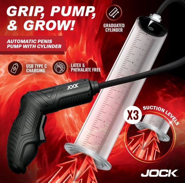 Jock Power Pumper Automatic Penis Pump with Cylinder featuring ergonomic handle and graduated cylinder design.