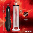 Jock Power Pumper Automatic Penis Pump with Cylinder dimensions on a fiery background.