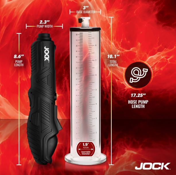 Jock Power Pumper Automatic Penis Pump with Cylinder dimensions on a fiery background.