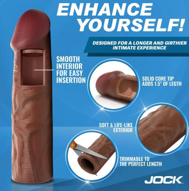 Jock Enhancers Silicone Penis Extension Sleeve 1.5 inches Chocolate shown with features for enhanced intimacy.