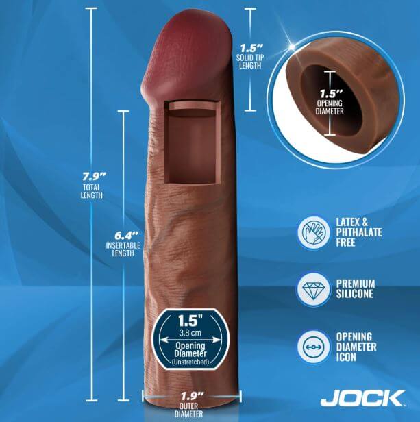 Jock Enhancers Silicone Penis Extension Sleeve 1.5 inches Chocolate dimensions and details.