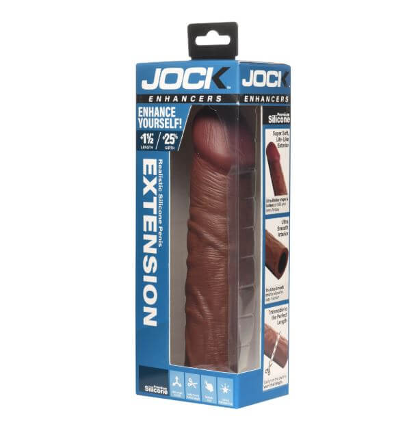 Jock Enhancers Silicone Penis Extension Sleeve 1.5 inches Chocolate in packaging, showcasing realistic design and details.