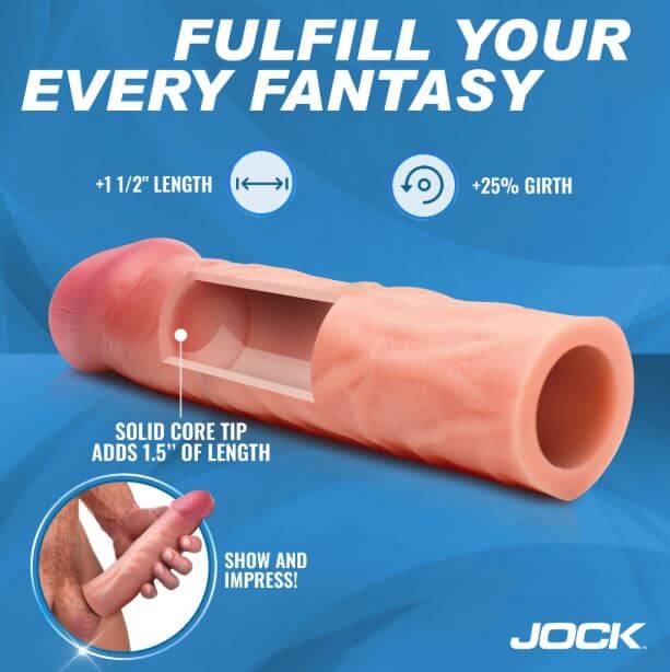 Jock Enhancers Silicone Penis Extension Sleeve 1.5 inches Vanilla with solid core tip for added length and girth.