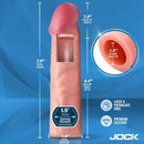 Jock Enhancers Silicone Penis Extension Sleeve 1.5 inches Vanilla dimensions and features including solid tip and opening diameter.