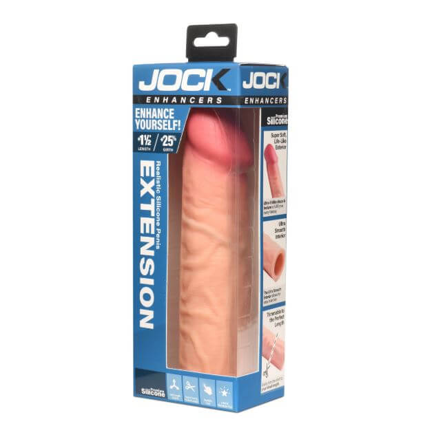 Jock Enhancers Silicone Penis Extension Sleeve 1.5 inches Vanilla packaging showcasing realistic design and features.