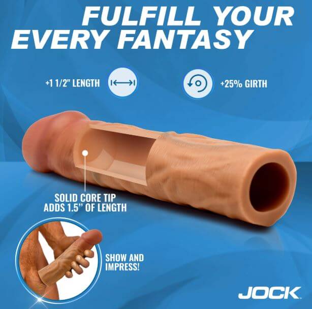 Jock Enhancers Silicone Penis Extension Sleeve 1.5 inches Caramel with added length and girth for enhanced pleasure.