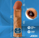 Jock Enhancers Silicone Penis Extension Sleeve 1.5 inches Caramel with dimensions and features displayed.