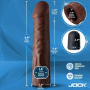 Jock Enhancers Vibrating Penis Extension Sleeve 1.5 inches Chocolate dimensions and features on display.