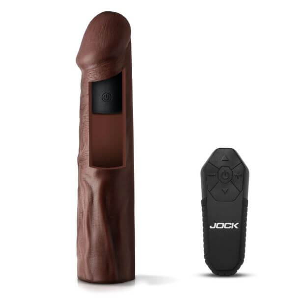 Jock Enhancers Vibrating Penis Extension Sleeve 1.5 inches Chocolate with remote for enhanced pleasure.