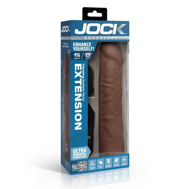 Jock Enhancers Vibrating Penis Extension Sleeve 1.5 inches Chocolate in packaging with ultra powerful vibrations.