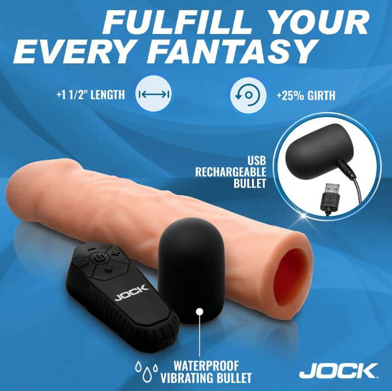 Jock Enhancers Vibrating Penis Extension Sleeve 1.5 inches Vanilla with USB rechargeable bullet and waterproof features.