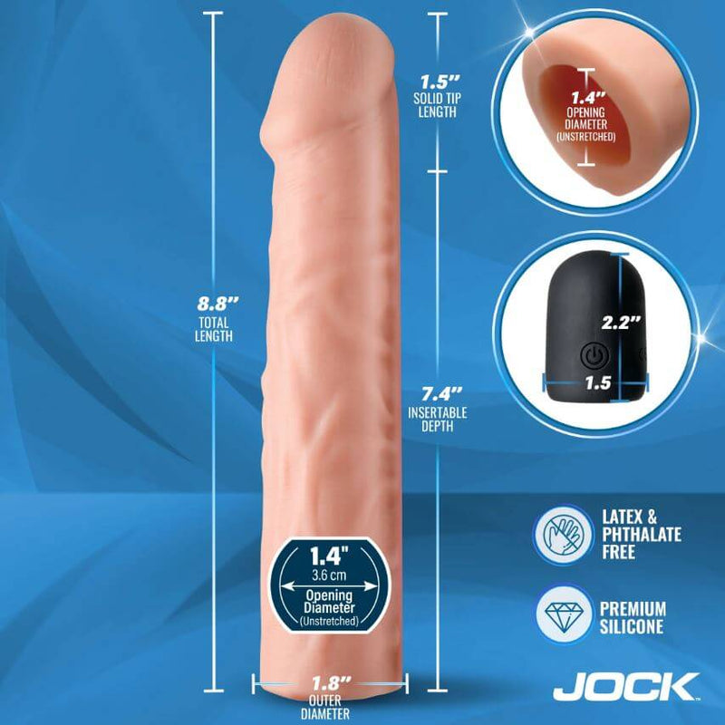 Jock Enhancers Vibrating Penis Extension Sleeve 1.5 inches Vanilla showing dimensions and key features, premium silicone construction.