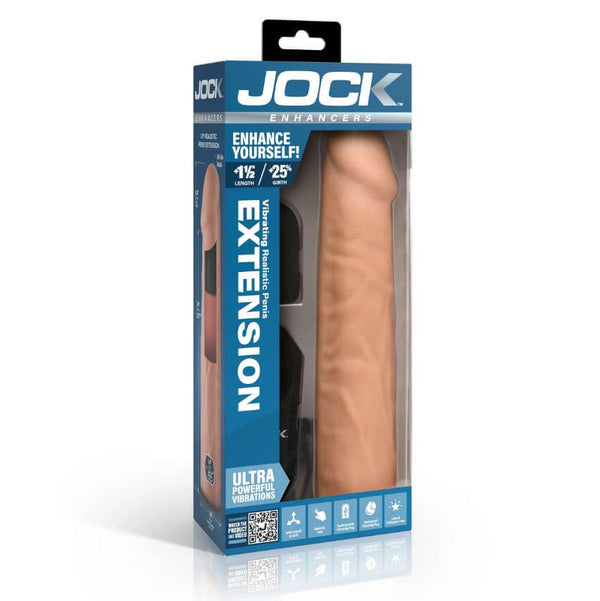 Jock Enhancers Vibrating Penis Extension Sleeve 1.5 inches Vanilla packaging showing ultra powerful vibrations and realistic design.