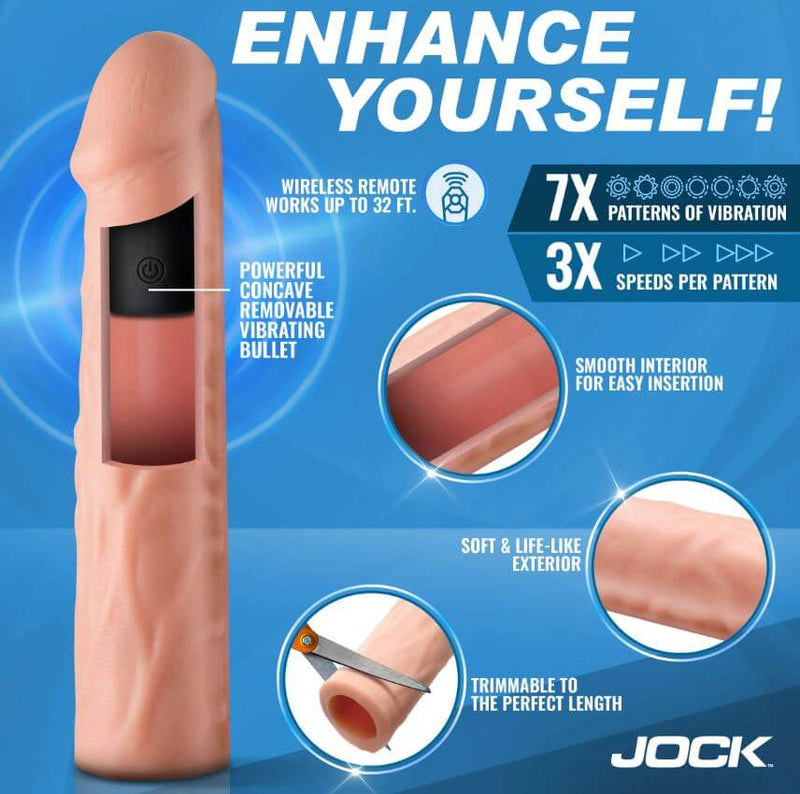 Jock Enhancers Vibrating Penis Extension Sleeve 1.5 inches Vanilla features wireless remote and multiple vibration patterns.