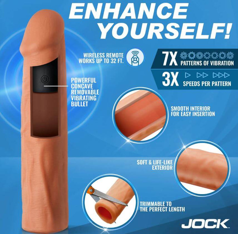 Jock Enhancers Vibrating Penis Extension Sleeve 1.5 inches Caramel with wireless remote and customizable vibrations.