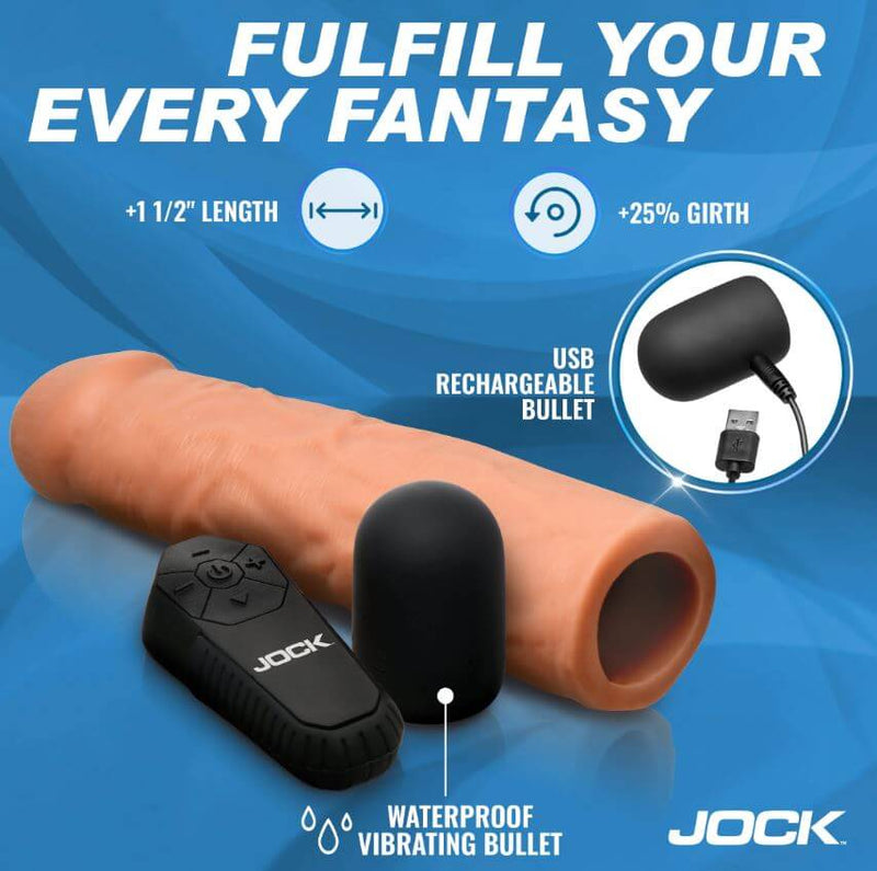 Jock Enhancers Vibrating Penis Extension Sleeve 1.5 inches Caramel with USB rechargeable vibrating bullet.