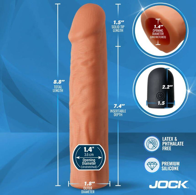 Jock Enhancers Vibrating Penis Extension Sleeve 1.5 inches Caramel with dimensions and premium silicone details.