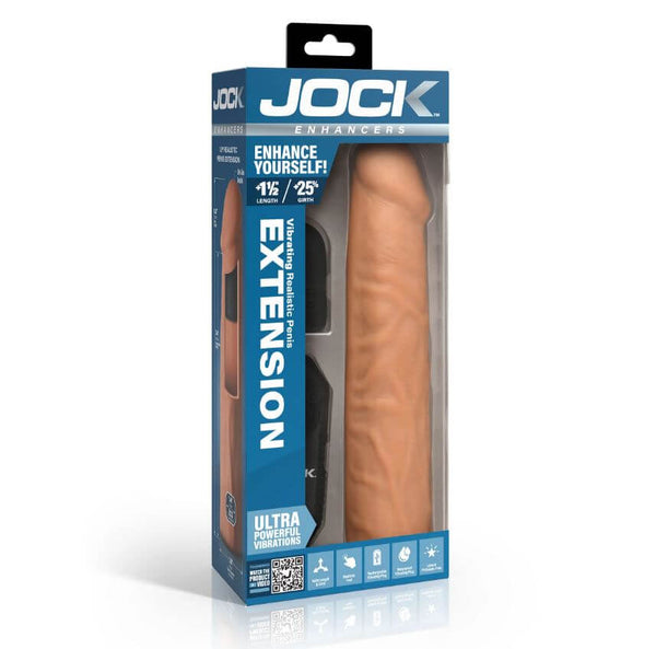 Jock Enhancers Vibrating Penis Extension Sleeve 1.5 inches Caramel packaging showcasing realistic design and powerful vibrations.