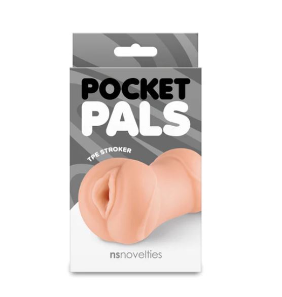 Pocket Pals Stroker Pussy Caramel product packaging featuring lifelike TPE stroker design.