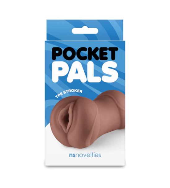 Pocket Pals Stroker Pussy Chocolate product packaging featuring a lifelike stroker design.