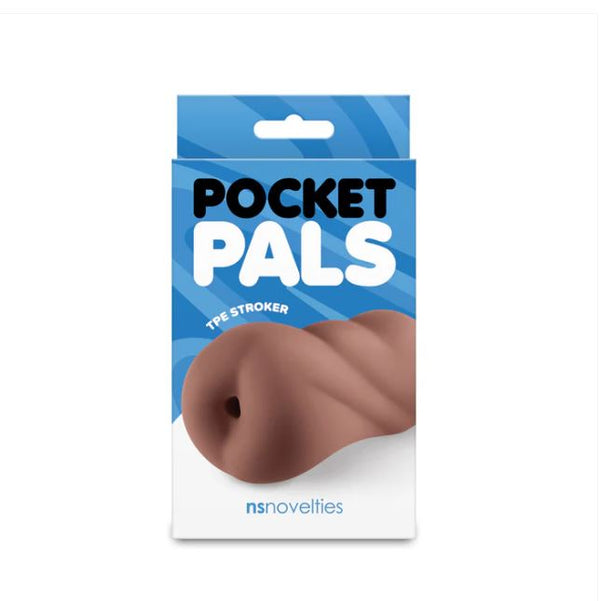Pocket Pals Stroker Ass Chocolate packaged product with soft TPE texture for enhanced sexual wellness.