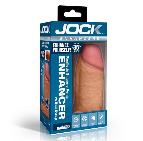 Jock Enhancers Silicone Penis Extension Sleeve Caramel packaging showcasing the realistic design and performance features.