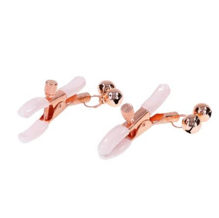 Peaches N Creame Bell Nipple Clamps with soft silicone grips and golden bells, adjustable for varying pressure.