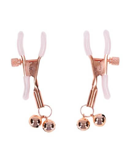 Peaches N Creame Bell Nipple Clamps with adjustable silicone tips and dangling bells for enhanced sensory play.