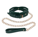 Sex & Mischief Indica Cutout Collar and Leash in emerald green faux leather with gold hardware.
