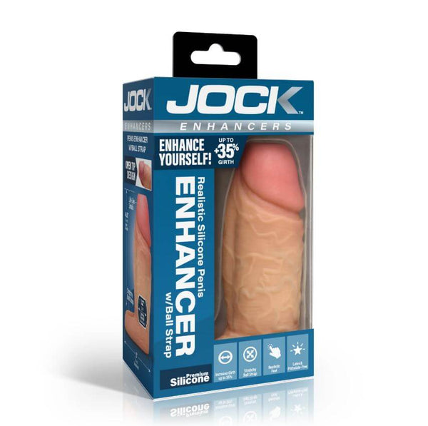 Jock Enhancers Silicone Penis Extension Sleeve Vanilla packaging showing realistic design and premium silicone material.