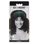 Sex & Mischief Indica Blindfold Green packaging with model showcasing the blindfold for enhanced sensory experiences.