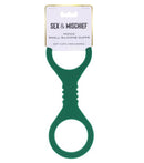 Sex & Mischief Indica Silicone Cuffs Small Green hanging package with soft cuffs for playful bondage.