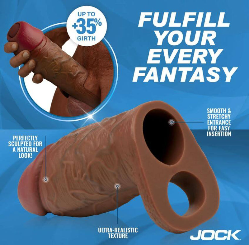 Jock Enhancers Silicone Penis Extension Sleeve Chocolate showcasing realistic texture and design for intimate play.