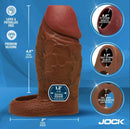 Jock Enhancers Silicone Penis Extension Sleeve Chocolate showing dimensions and realistic design features for enhanced pleasure.