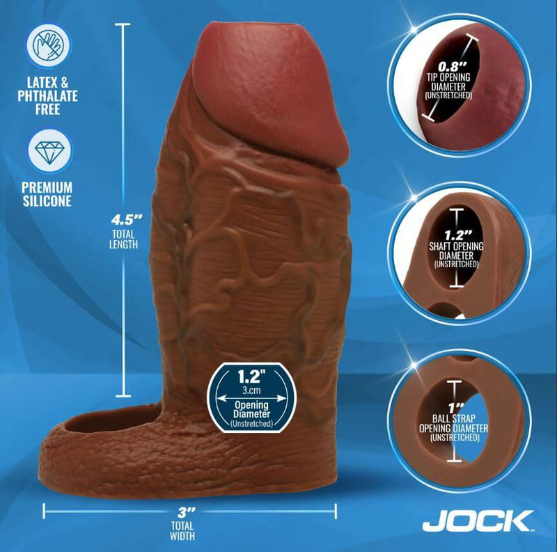 Jock Enhancers Silicone Penis Extension Sleeve Chocolate showing dimensions and realistic design features for enhanced pleasure.
