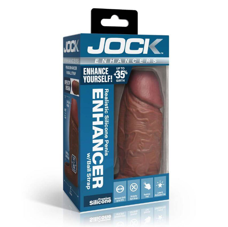 Jock Enhancers Silicone Penis Extension Sleeve Chocolate packaging with realistic design and details.