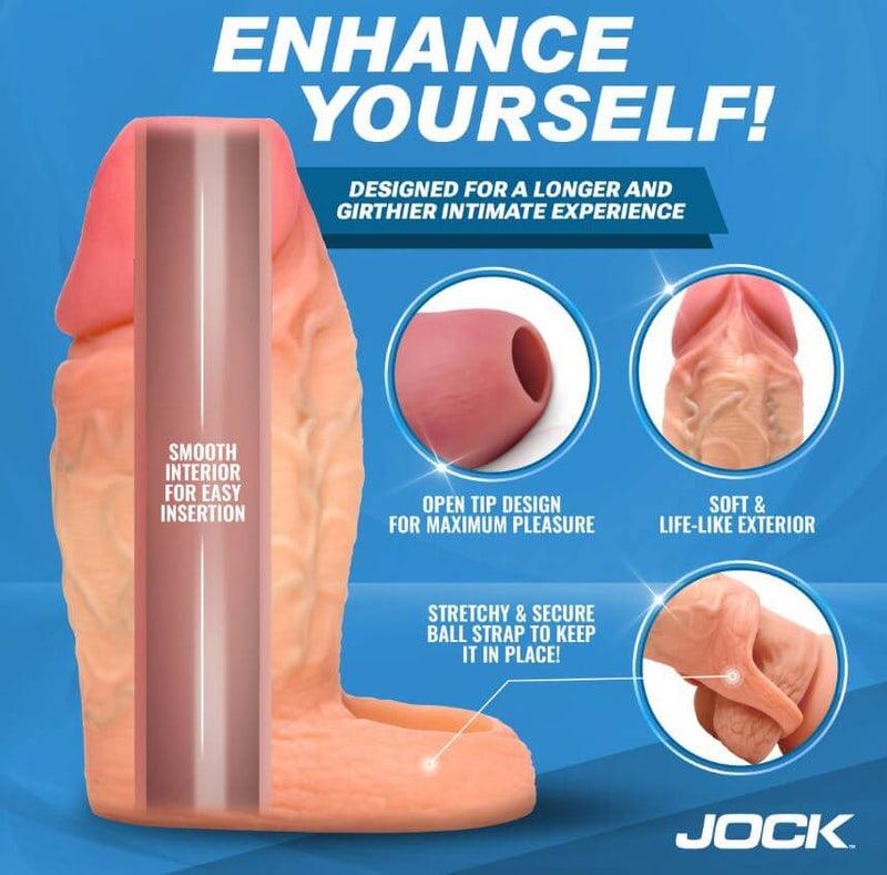 Jock Enhancers Silicone Penis Extension Sleeve Vanilla showcasing smooth interior and life-like exterior features.