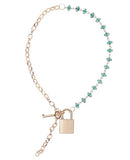 Sex & Mischief Indica Crystal Day Collar with green crystal accents and gold chain for elegant allure.