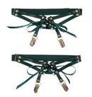 Sex & Mischief Indica Laced Up Garter Green featuring emerald faux leather and satin laces for a seductive look.