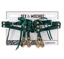 Sex & Mischief Indica Laced Up Garter Green displayed with emerald faux leather and satin laces.