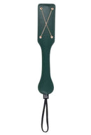 Sex & Mischief Indica Chain Impressions Paddle Green showcasing gold chain inlay on emerald green faux leather.