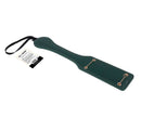 Sex & Mischief Indica Chain Impressions Paddle Green, luxurious impact tool in emerald green faux leather with gold chain inlay.