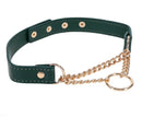 Sex & Mischief Indica Day Collar made from emerald green faux leather with gold hardware accents.